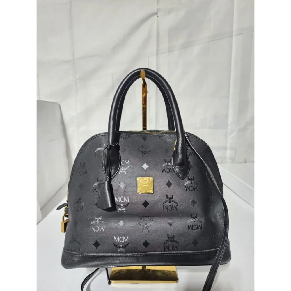 Authentic MCM Visestos Nylon Dome Satchel Bag Black